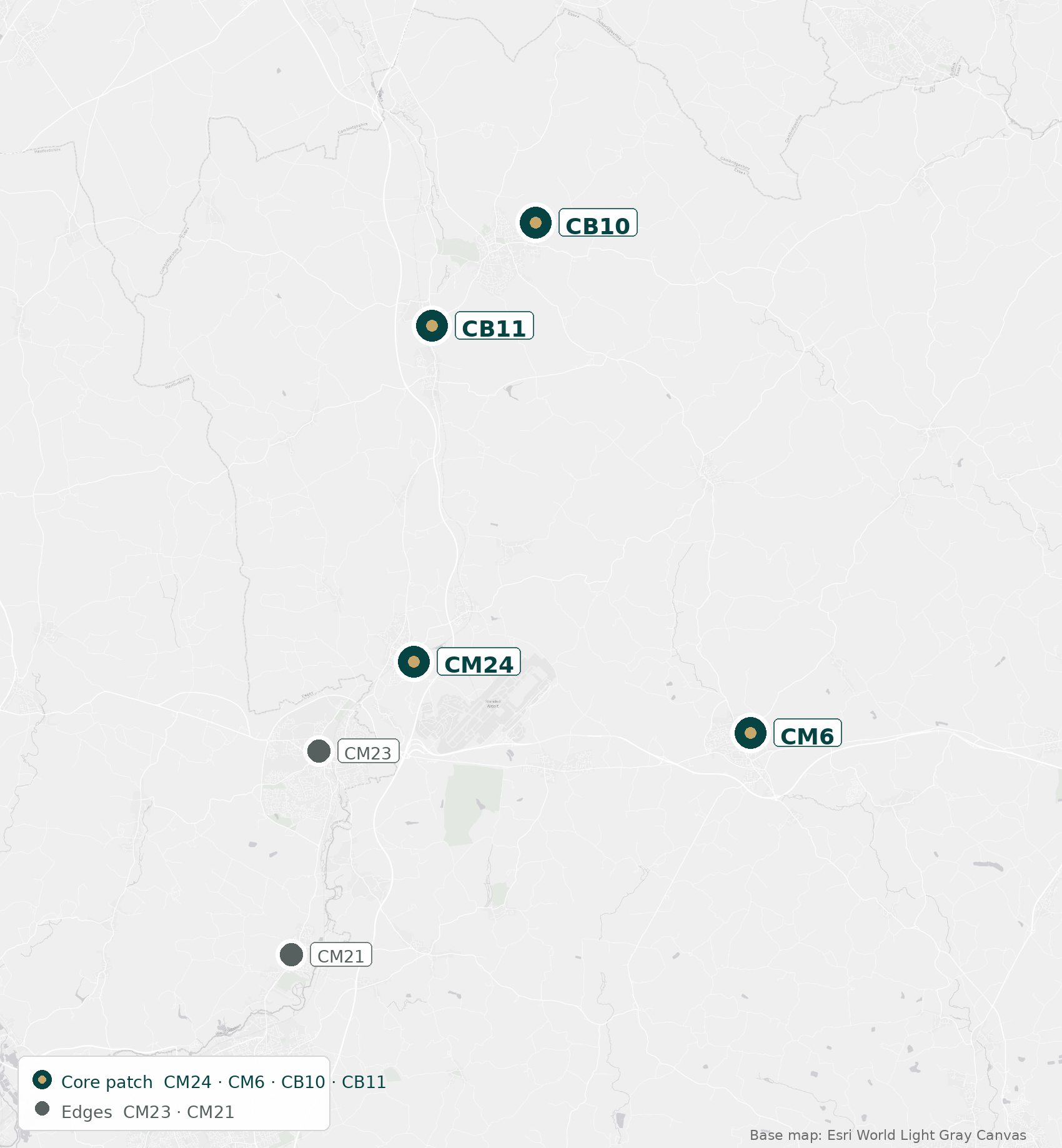 The six postcode districts of this report